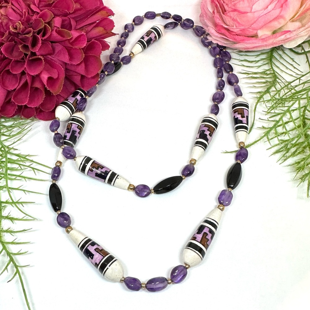 VINTAGE⚜️Amethyst Hand Painted Beaded Necklace